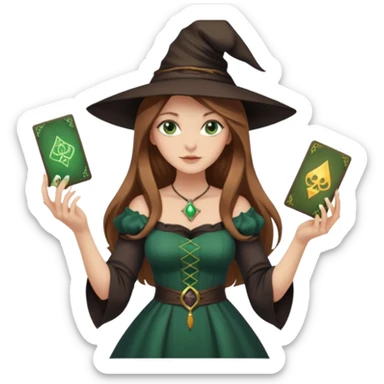  witch girl with long light brown hair and green eyes and Tarot cards without hat and in sexy dress  sticker