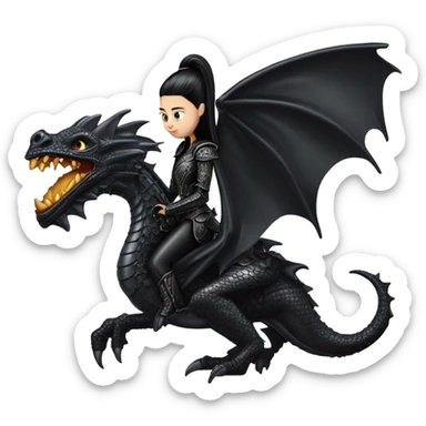 beautiful armored teen Morticia Addams Jedi riding on the back of a very large black shiny evil-looking dragon sticker