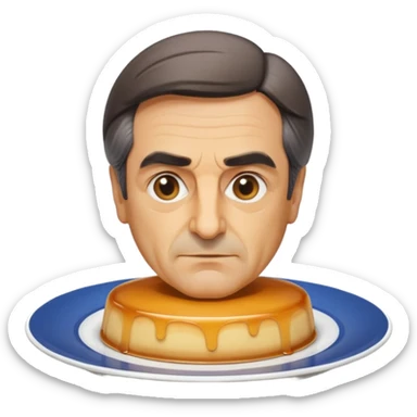 apple style emoji bust of François Fillon, everything made from slightly translucent beige flan, no distinct hair, eyes, or skin colors, all features flan, on a white plate sticker