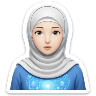girl with white hijab in blue clothes, surrounded by screens displaying advanced holographic projections, quantum computing visuals, neural networks, futuristic UI elements, flowing digital code sticker