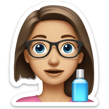 Medium length brown haired girl with blue eyes wearing glasses. Girl is spraying perfume sticker