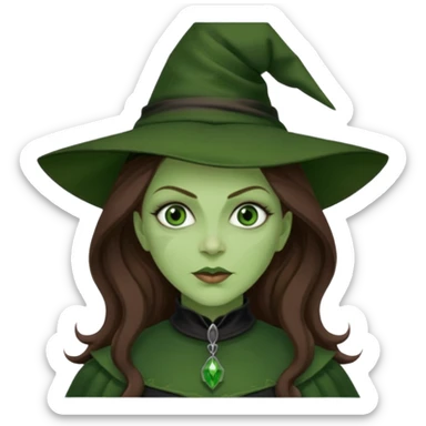Wicked Witch of the West from the Wizard of Oz with green skin and eyes, brown long hair, dark green outfit sticker