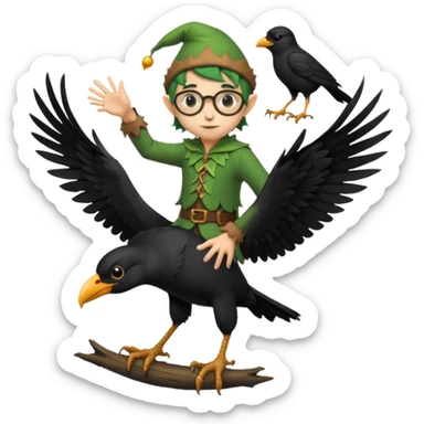 tiny forest elf with round glasses riding crow sticker