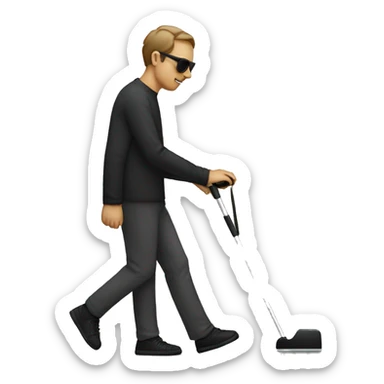 blind person walking with phone in his hand, he also wearing black sunglasses that blind people wear and also has the cane sticker