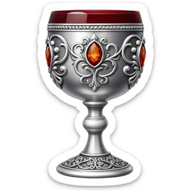 ornate silver goblet decorated with red amber stones filled with red wine sticker