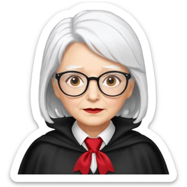 An older woman with glasses and white hair, in a red tie and black cape sticker