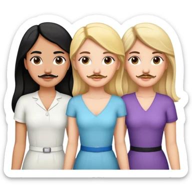 Three women holding hands, two white, one with blonde hair, one with black hair and a mustache, and one with brown hair sticker