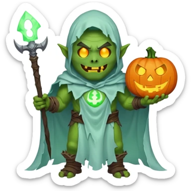 male orc warrior ghost emoji, green skin, wearing torn white ghost sheet costume, holding glowing jack-o'-lantern, faint blue aura, friendly but spooky expression, Halloween fantasy theme, Apple emoji style, clean white background, square sticker