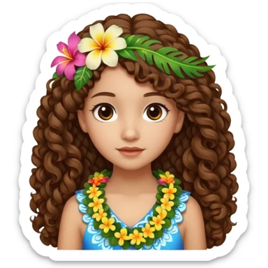 Chica morena clara de ojos marrones cabello rizado largo de lado y una flor hawaiana en el cabello  sticker