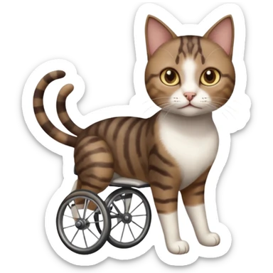 full body small short hair dark brown and white cat with hazel eyes walking in a wheelchair for cats sticker