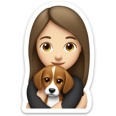 White girl with dark long hair hugs beagle sticker