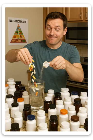 a man stands in his kitchen, enthusiastically pouring multiple supplement pills and powders into a large glass of water. The kitchen counter is cluttered with dozens of supplement bottles, and his expression is confident but slightly oblivious. In the background, a nutrition guide or food pyramid is ignored, highlighting his focus on supplements over balanced nutrition. sticker