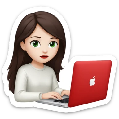 Long dark brown haired, white skinned, dark green eyed girl in white clothes girl sitting in macbook with a red case  sticker
