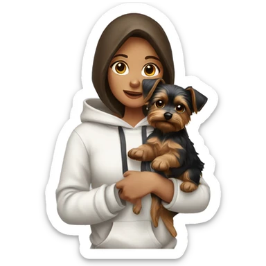 A brunette girl in a white hoodie holds a Yorkshire terrier puppy in her arms sticker