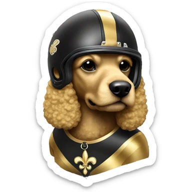 Gold poodle wearing a black football helmet with gold stripe and gold fleur de lis emblem sticker