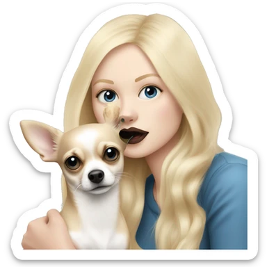 Blonde blue eyed, pale skin woman kissing her chihuahua, the chihuahua has the color of black and white, the chihuahua has long coated  sticker