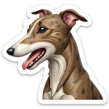 Cinematic Cute Yawning Brindle Greyhound Portrait Emoji, Head tilted slightly with a dramatic, wide-open yawn, showcasing a smooth brindle Fur with a refined pattern, floppy ears slightly drooping, round eyes barely open in drowsy contentment, Simplified yet irresistibly adorable features, highly detailed, glowing with a soft, cozy glow, high shine, relaxed yet expressive, stylized with a touch of whimsy, bright and endearing, soft glowing outline, capturing the essence of a sleepy yet affectionate racer, so drowsy it feels like it could stretch out of the screen and curl up for a nap! sticker