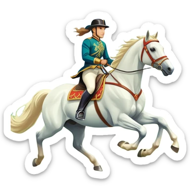 An icon showcasing a majestic horse and rider in full gallop across a lush green field. The background features a clear sky, distant mountains, and a vibrant landscape. The rider wears traditional gear, while the horse leaps with grace and power. Transparent background sticker