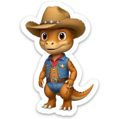 trex dinosaor with cowboy helmet with cowbot clothes sticker