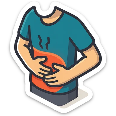 close-up of a person's stomach with both hands pressing on it from the front, showing discomfort, only the stomach and hands, no face, 2D isometric illustration style sticker