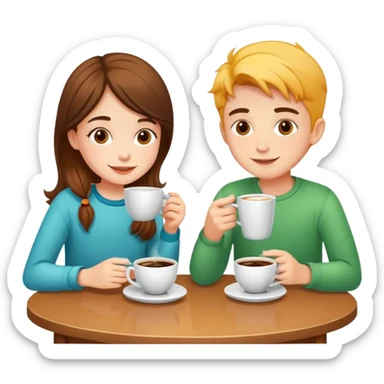 bright and cheerful boy and girl sitting at a table sipping coffee sticker