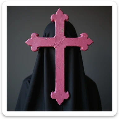 realistic gothic cross, pink with a black veil, photorealistic style sticker