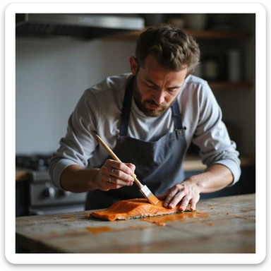 realistic 4K photo of a man in a kitchen brushing orange dye on a gray salmon piece, focused expression sticker