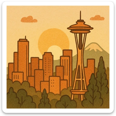 Seattle skyline at sunrise with warm colors, sun rising behind city, Mount Rainier in background sticker