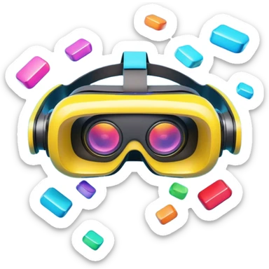 Show a VR headset or AR glasses, symbolizing the immersive experience. Include virtual objects or a 3D scene floating in the air in front of the headset. Use modern, tech-inspired colors. Do not include any emojis or smiley faces. Make the background transparent. sticker