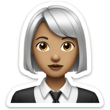 A girl with a black bob hair with bang wearing white shirt with a black tie sticker