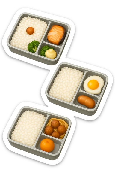 EMOJI STILE IPHONE DI UN 3 schiscette con poco cibo dentro, fluttuano in aria REALISTICA 4K sticker