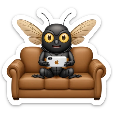 Black Cicada cartoon style watching on a phone sit on a brown sofa  sticker
