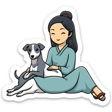 Very thin Chinese woman with long black hair relaxing in a luxurious hotel suite with exactly ONE whippet dog. EXTREME IMPORTANCE: the whippet must be ONE SOLID VERY DARK CHARCOAL GREY COLOR from nose to tail with ABSOLUTELY NO WHITE MARKINGS anywhere - NO white on face, NO white on muzzle, NO white on chest, NO white on paws, NO white on tail - NOTHING BUT A SINGLE SHADE OF VERY DARK GREY throughout the entire animal sticker