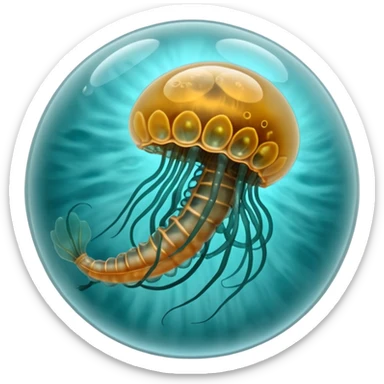 MRI parasitic embryo, digital, fetal small shape in otherworldly bubble, eerie, horror, pupa, crystalis, in-utero, sea-life, crustaceanoid, photorealismm siphonophore, polyp, Cnidaria sticker
