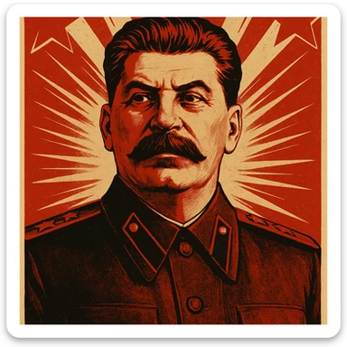 stern portrait of Stalin in a classic Soviet propaganda poster style sticker