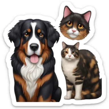 A Bernese dog next to A tortoiseshell cat without white sticker