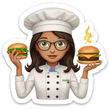 A female chef with glasses, dark brown long wavy hair, Green eyes and cooking a burger sticker