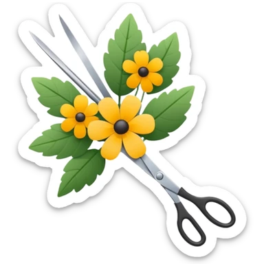 Minimalistic flat vector icon, iOS style, thin black contour on white background. Flower bouquet with leaves and scissors. No text, no shadows. sticker