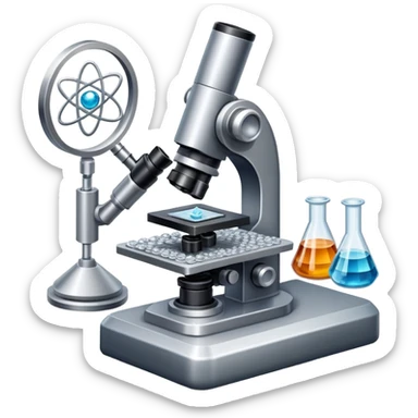 An icon featuring an electronic microscope, a metal alloy, atomic structure symbols, and a crystal structure, symbolizing materials science. The design includes different materials like metals, ceramics and polymers, alongside a stamp representing testing and quality control. Transparent background sticker