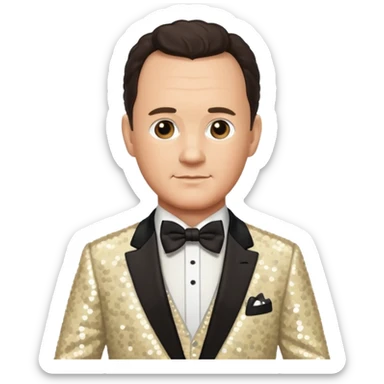 Tom Hanks with dark brown hair, cream sequin suit with bow tie sticker
