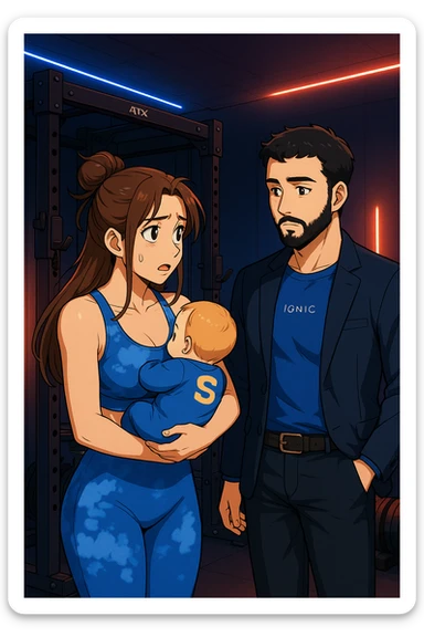 ispirati a questo stile di disegno e fai questa immagine in versione manga/webtoon a colori, il manga mostra la donna preoccupata con un neonato in braccio con una tutina azzurra e la scritta "S" sulla schiena, la donna gli sta facendo una domanda all'uomo, ma non fare i fumetti, fai come se stessero parlando sticker