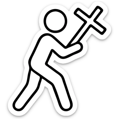 icon of active faith, person stepping forward with a cross, outlined style sticker