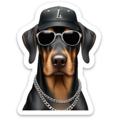 Dobermann dog wearing black Lois Vuitton sun glasses and a cap and a silver Cuban chain sticker
