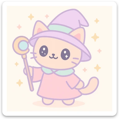 a wizard cat with a magic staff, cute cartoon style sticker