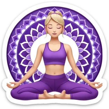 A woman in purple activewear lifting her hips in bridge pose, glowing light, gentle mandala pattern behind. sticker