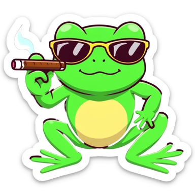frog leaping, wearing ray bans, satisfied expression, smoking a cigar sticker