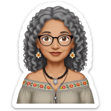 Latina woman, about 55 years old, dark warm brown skin, round soft face, long curly black and gray hair, no headband, medium eyes, thin eyebrows, gentle smile, delicate eyeglasses, gray peasant blouse with embroidery, bare shoulders, large dark necklace sticker