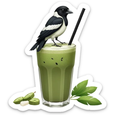 It’s an Australien Magpie (just black and white feathers) sitting on an iced matcha latte on the edge of the glass. It has green matcha on its beak indicating it drank. The iced matxha latte is in a see through glass and white from the oat milk on the bottom and green on top… one straw and ice cubes sticker