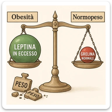 Diagramma endocrinologico in italiano: bilancia con leptina (verde) e grelina (rossa). Lato obeso: etichetta 'Obesità', leptina in eccesso, bilancia bloccata, pesi rotti con la scritta 'Peso' sparsi a terra. Lato normopeso: etichetta 'Normopeso', equilibrio perfetto, grelina normale. Tutte le scritte interne sono in italiano. Illustrazione clinica, chiara, dettagliata, 4K. Style: endocrinologico, medical illustration, clear and detailed. sticker