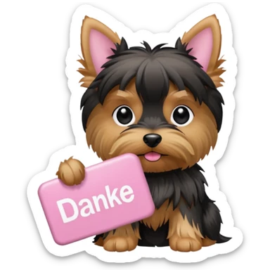 yorkshire dog holding a light pink danke schön sign sticker